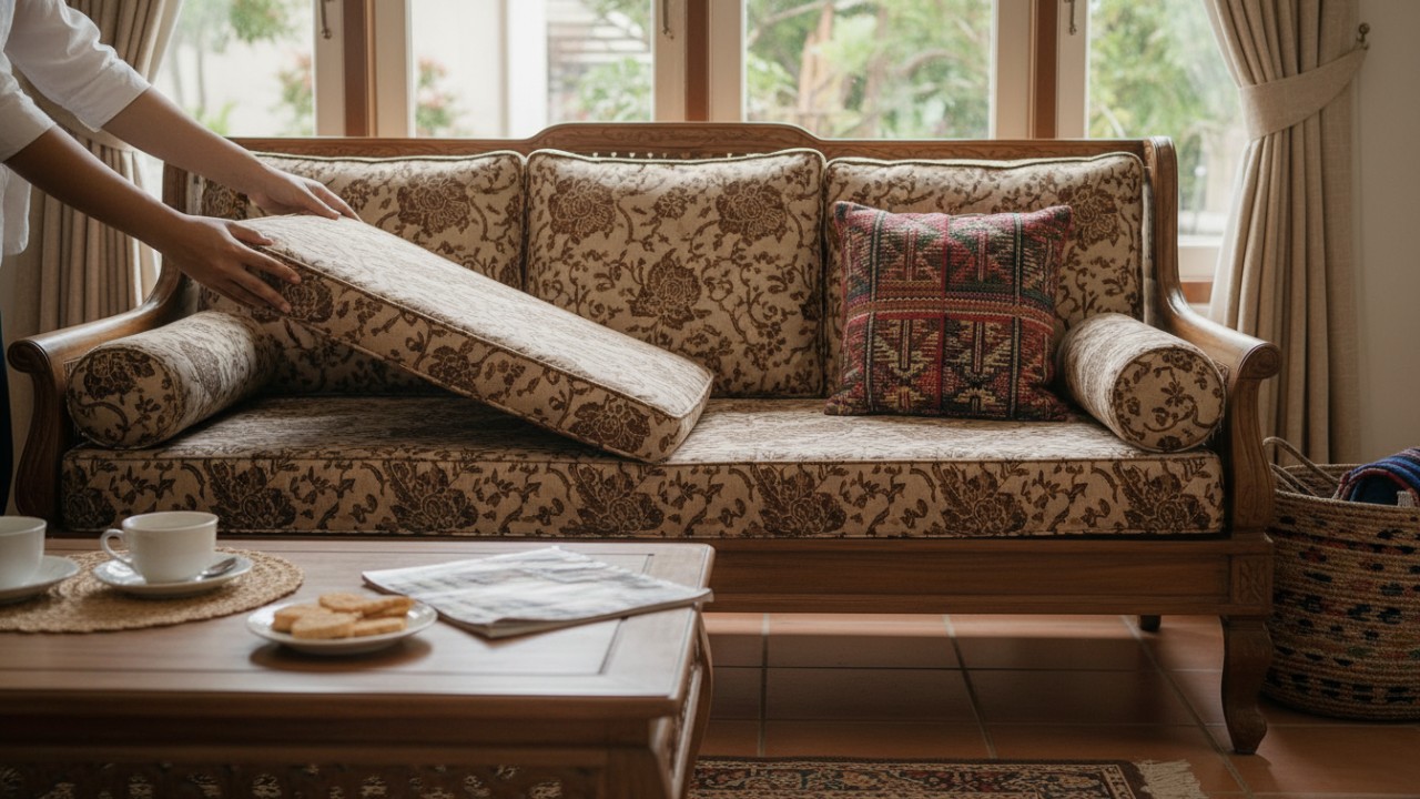 Bantalan sofa dibalik untuk menyamarkan noda.