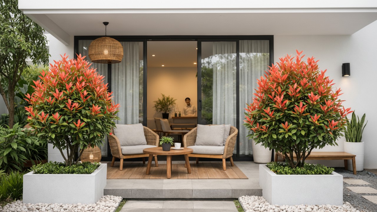 Pohon pucuk merah menjaga tampilan teras rumah minimalis modern tetap ringan dan terawat.