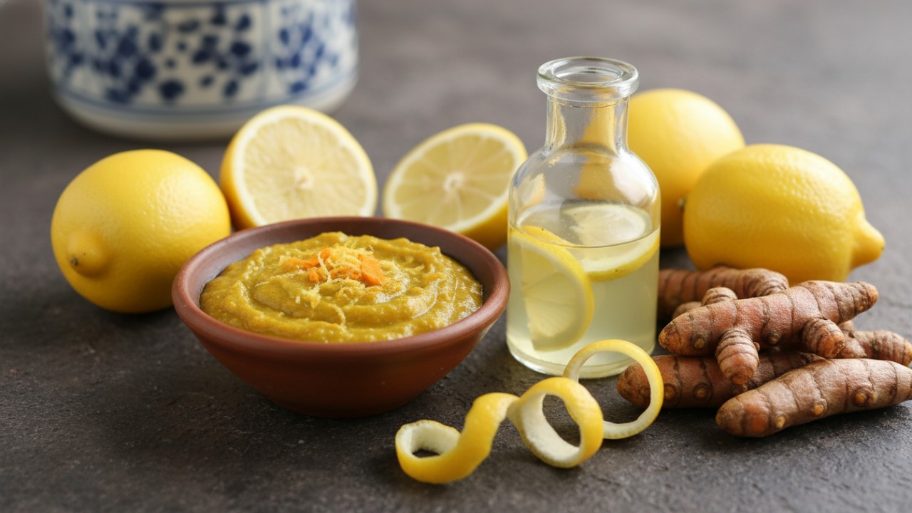 Pasta kunyit dan lemon untuk lipatan kulit. Minyak kelapa dicampur lemon sebagai perawatan rutin.