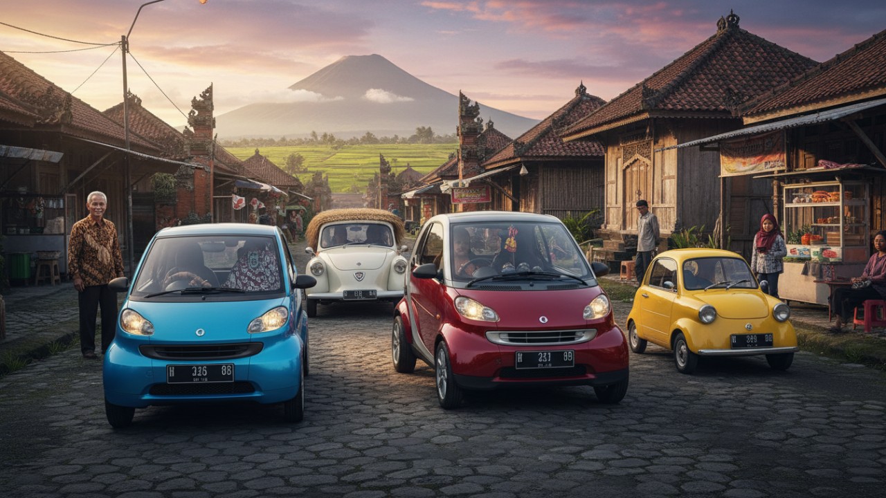 Ilustrasi mobil mini dunia dengan desain unik dan proporsi ekstrem