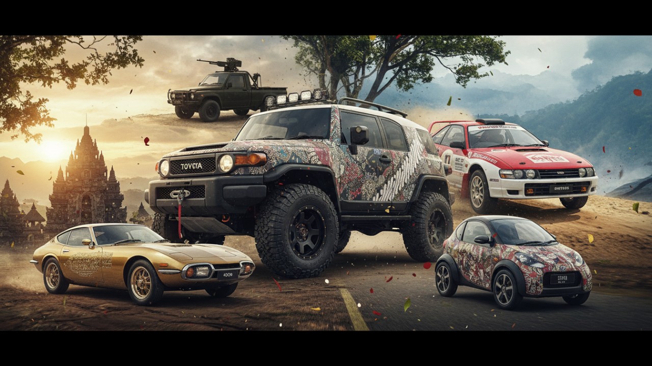 Gambar ilustrasi tiga mobil Toyota langka dari era berbeda dengan desain ikonik.