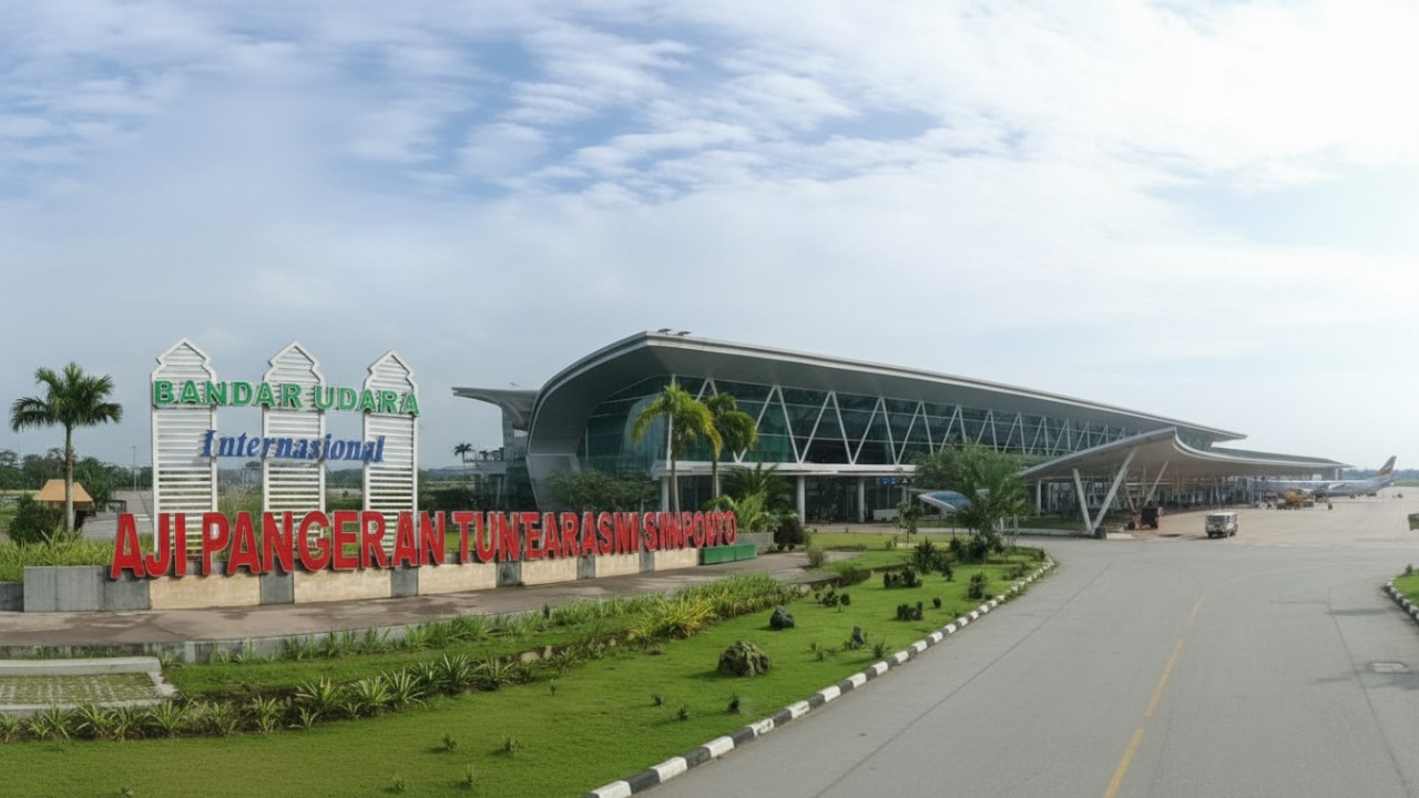Terminal Bandara APT Pranoto Samarinda dengan persiapan area internasional yang rapi dan modern.