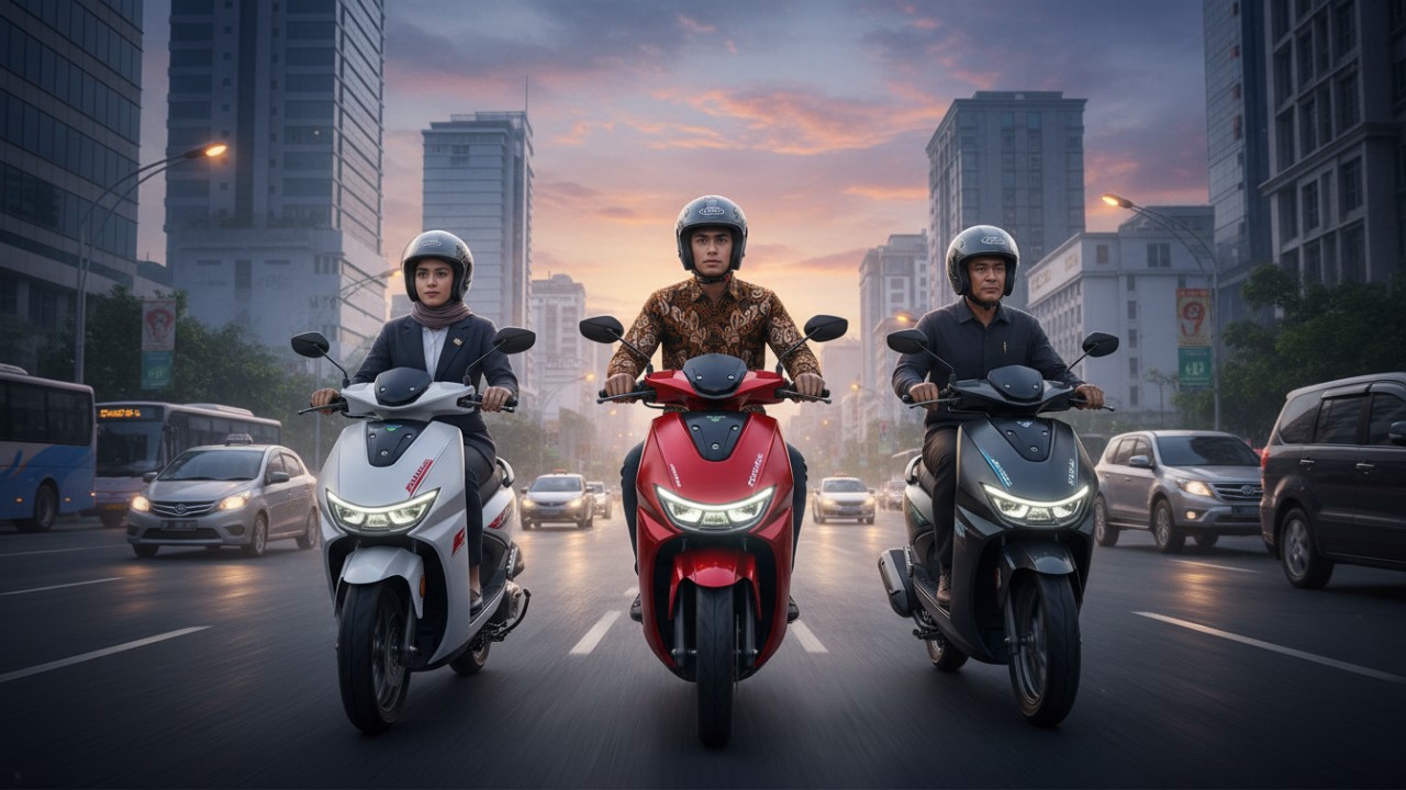 Ilustrasi tiga motor listrik lokal Indonesia di lingkungan perkotaan modern