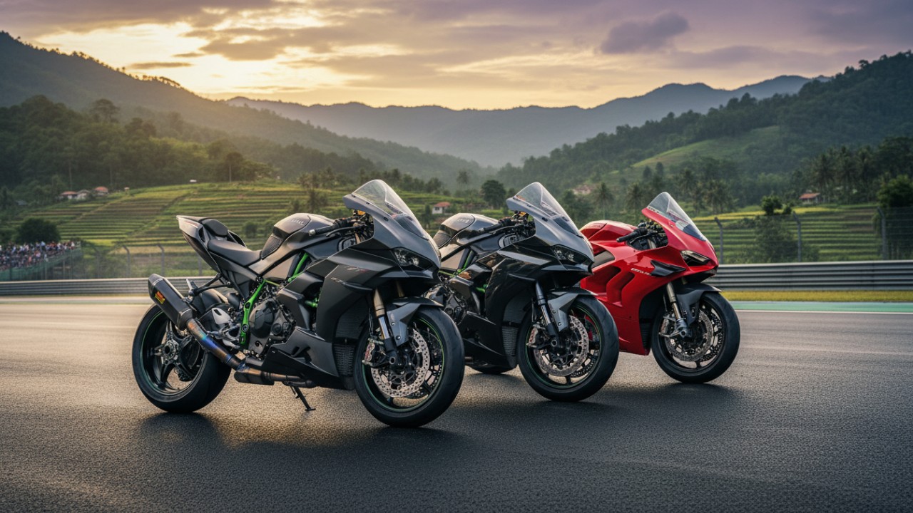 Gambar utama motor sport berkecepatan tinggi dengan desain aerodinamis ekstrem.