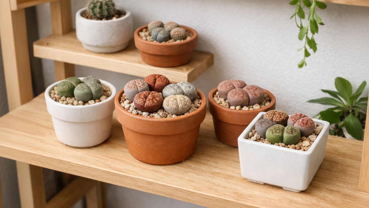 Lithops atau tanaman batu hidup di rak rumah minimalis.