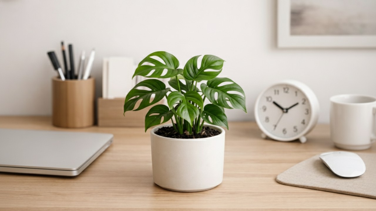 Tanaman hias monstera mini di atas meja kerja bergaya netral dan rapi.