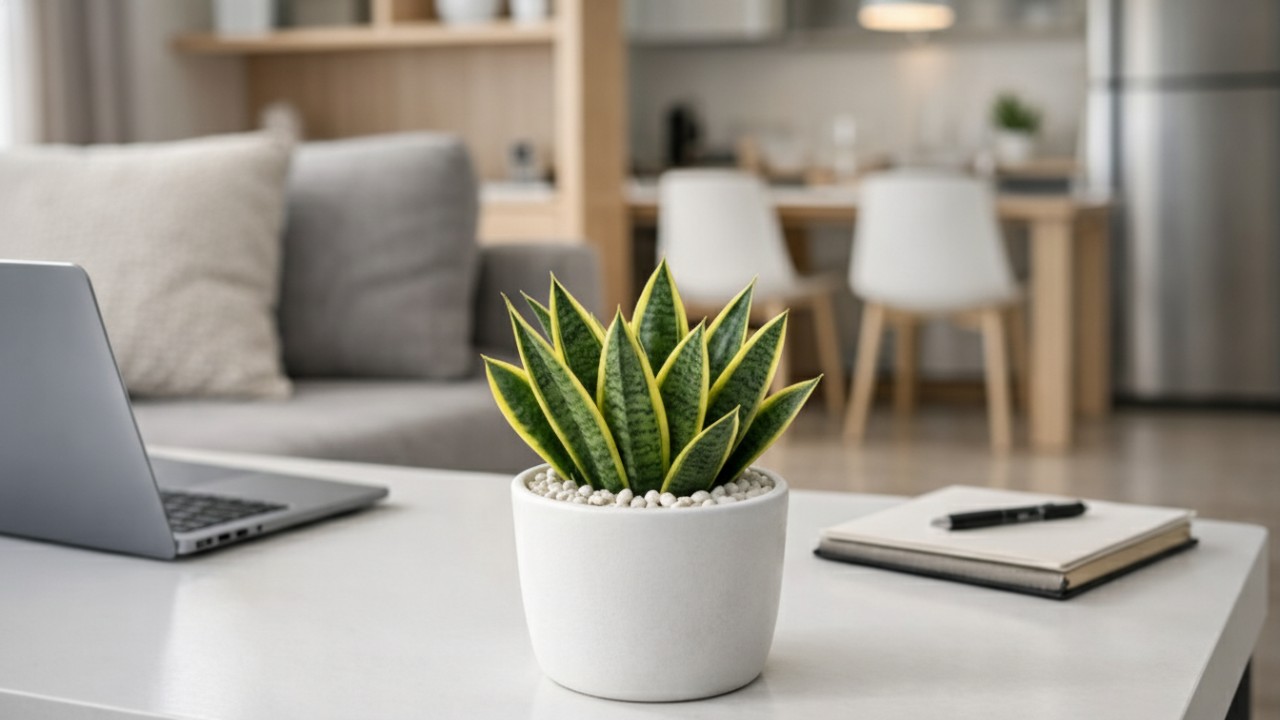 Tanaman hias sansevieria mini sebagai aksen meja rumah minimalis urban.