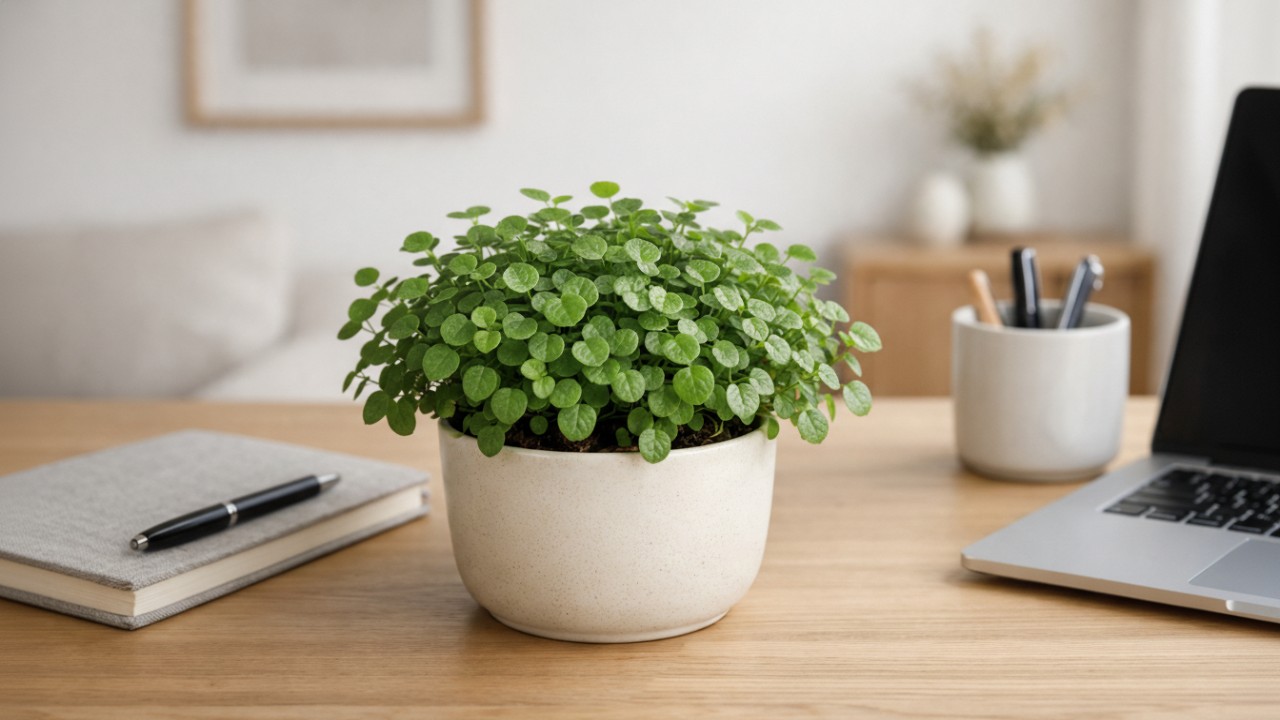Tanaman hias Peperomia dengan daun kecil memperkaya detail meja rumah.