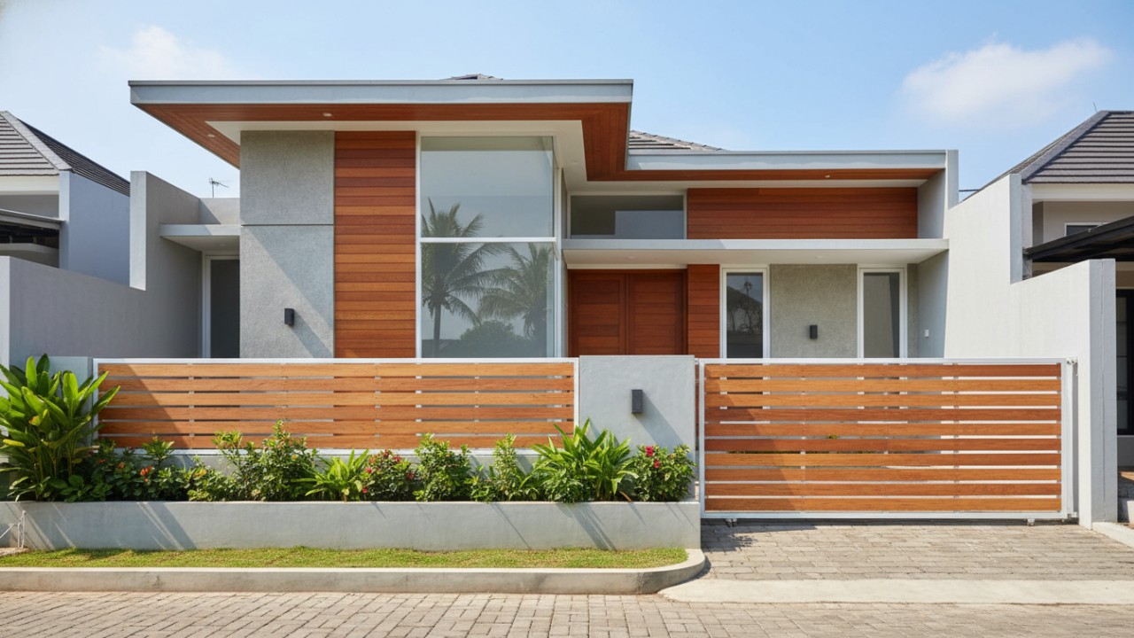 Fasad rumah modern dengan pagar lisplang baja ringan motif kayu yang rapi dan natural.