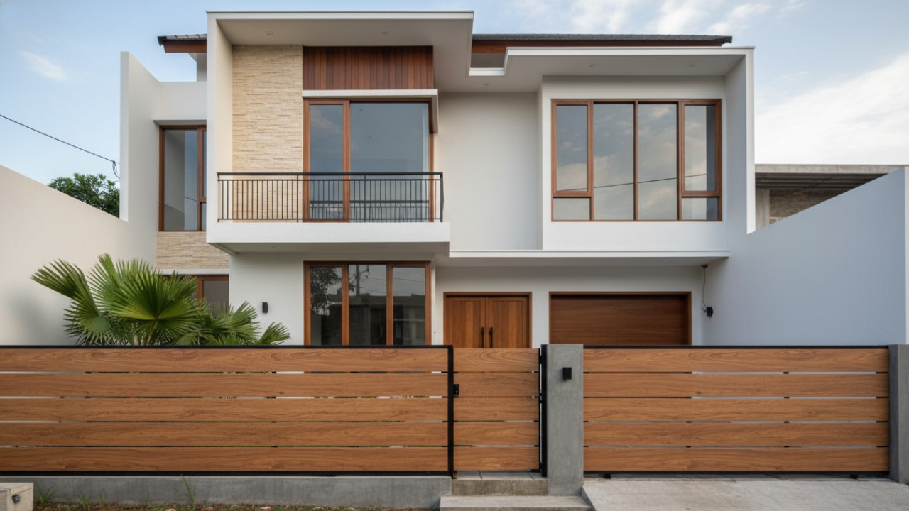 Tampilan pagar lisplang bermotif kayu sebagai identitas visual rumah.