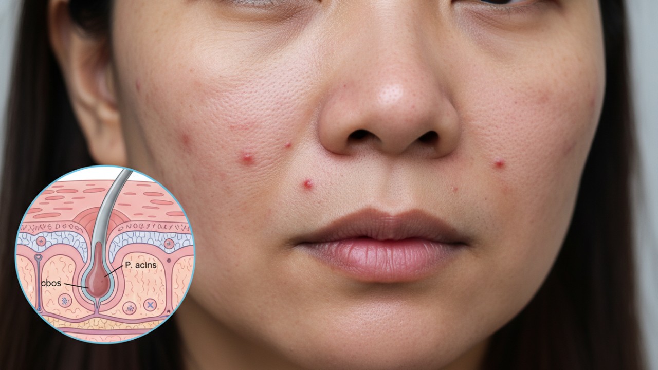 Ilustrasi jerawat usia matang dengan pendekatan medis berbasis dermatologi.