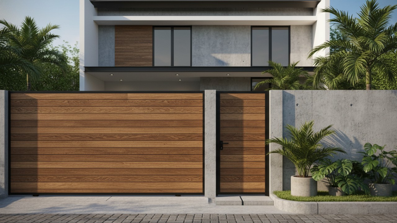 Perpaduan pagar lisplang dengan beton ekspos pada rumah modern