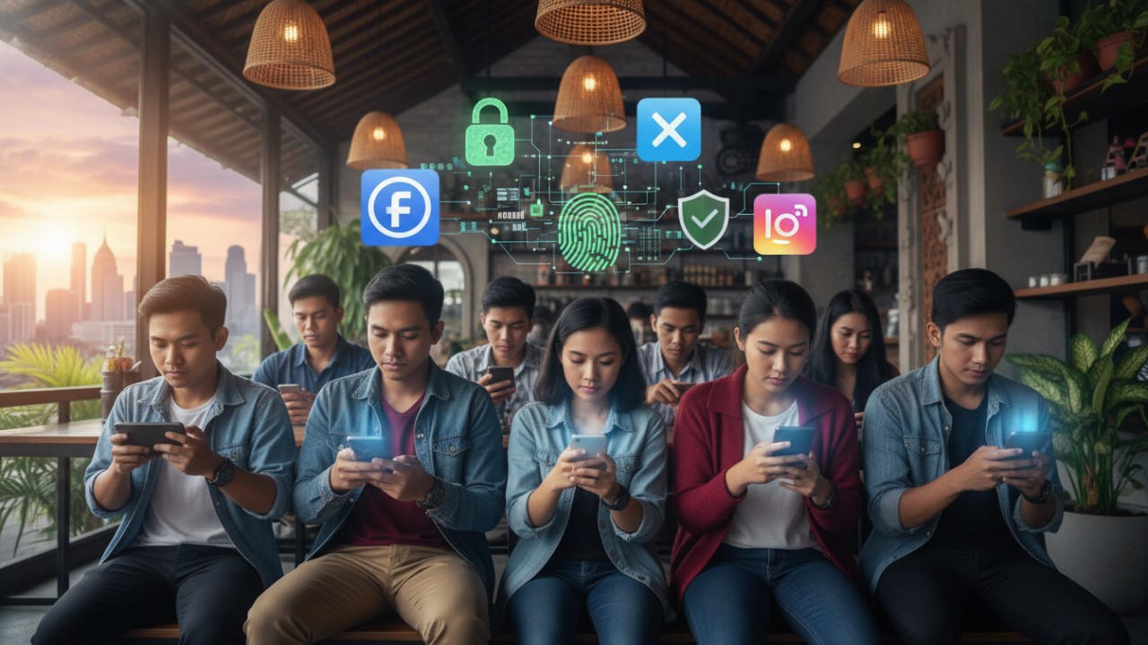 aktivitas media sosial dengan simbol keamanan digital.