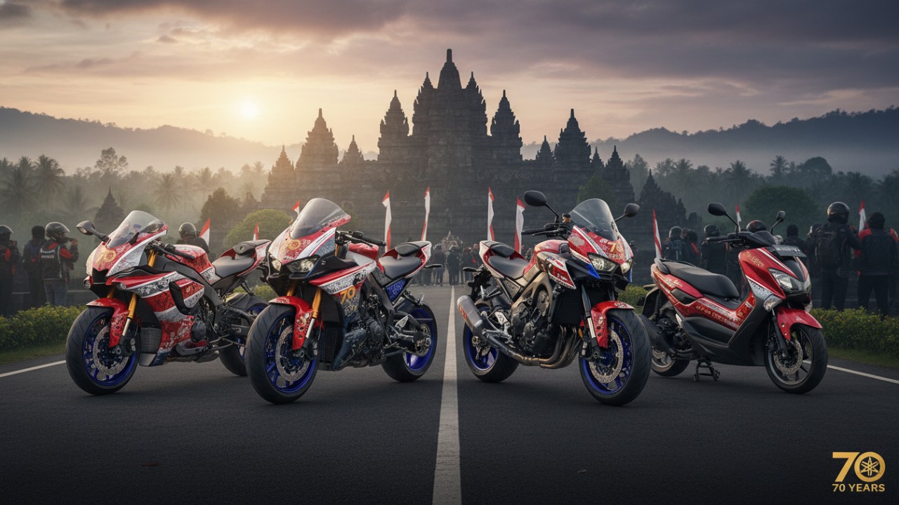 Tampilan livery 70 tahun Yamaha dengan warna putih merah dan grafis speed block klasik.