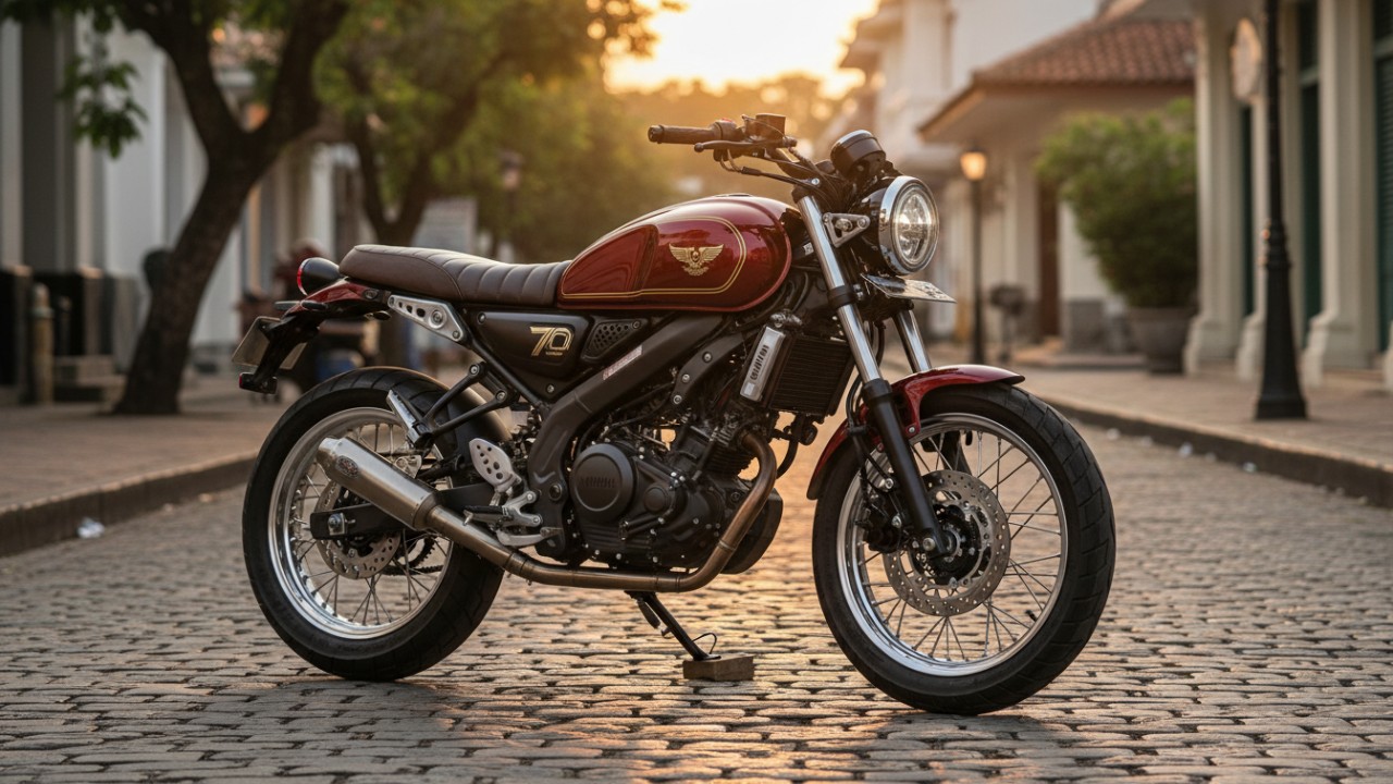 XSR155 edisi 70 tahun menonjolkan nuansa neo-retro yang kuat.