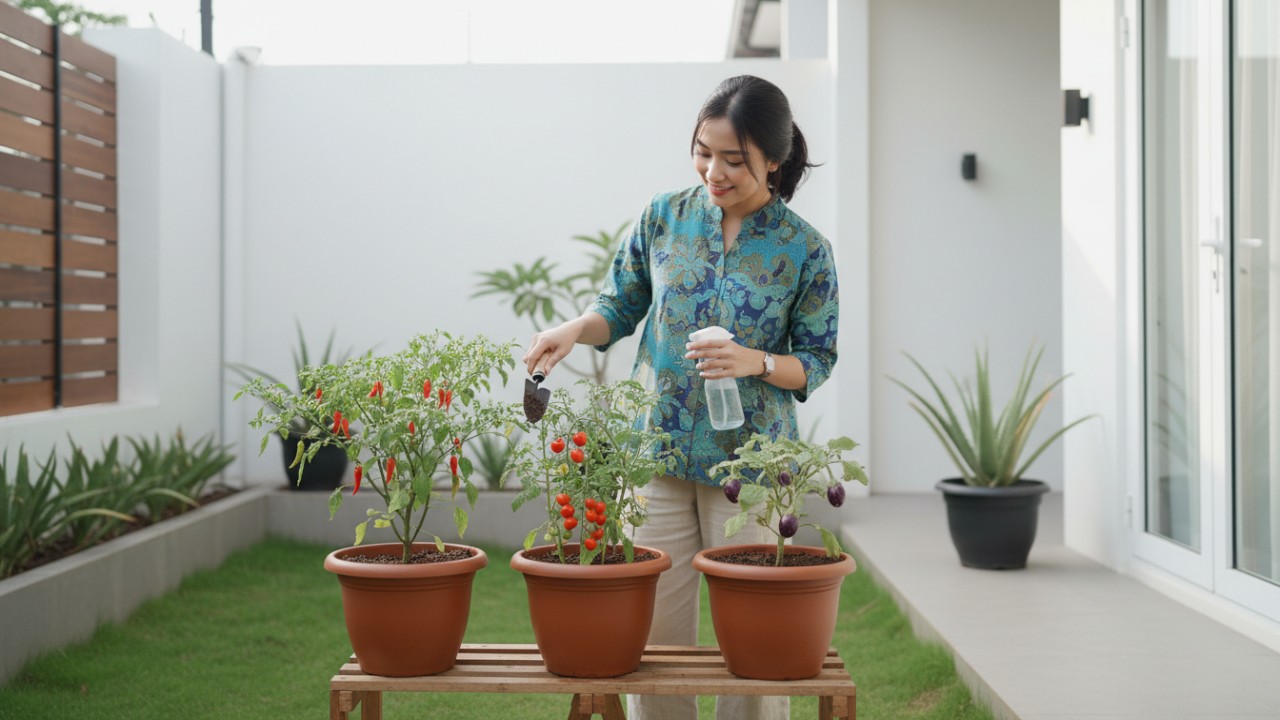 Menanam Cabai rawit, tomat ceri, dan terong mini selain memberi tampilan cantik rumah juga merupangan pangan sehari-hari