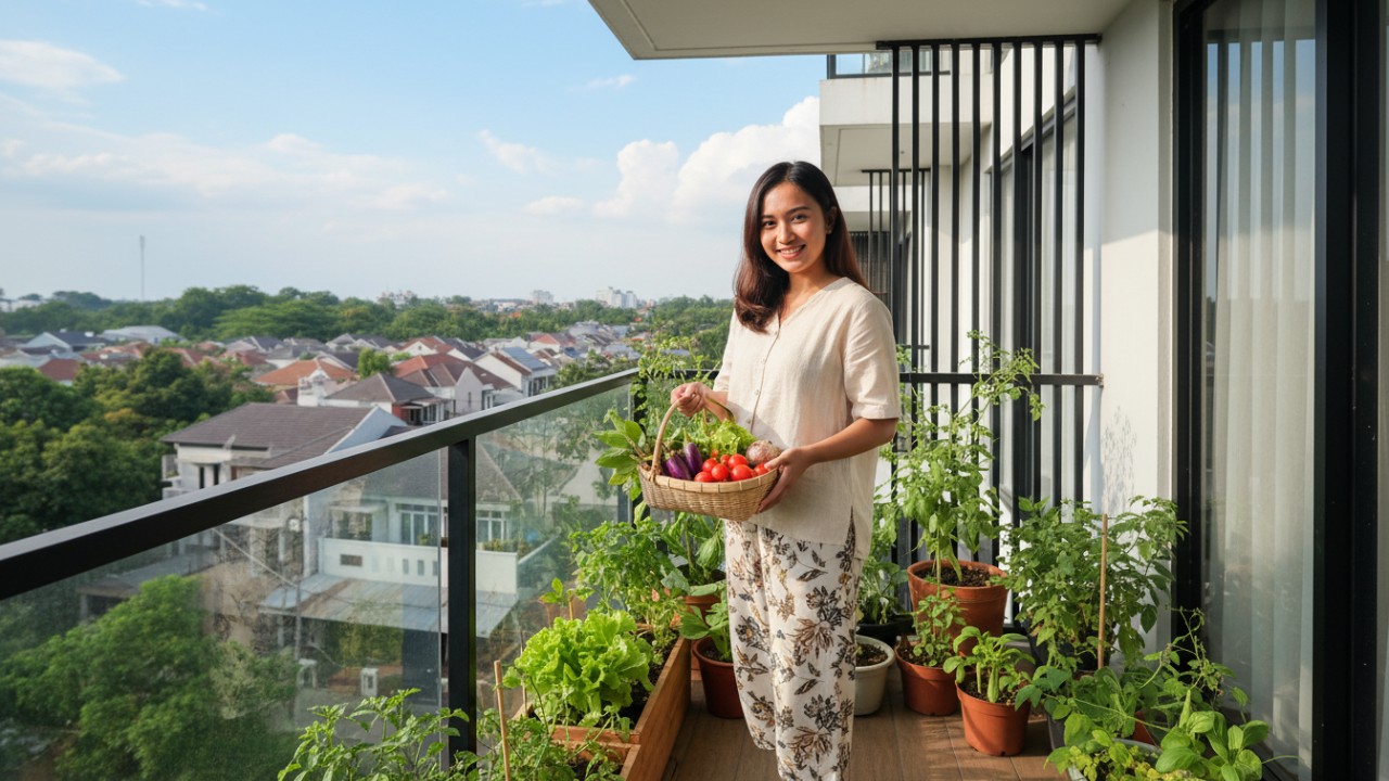 Panen Sayur dari Balkon hunian modern dengan pot sayur dan buah yang tumbuh subur sebagai sumber pangan harian.