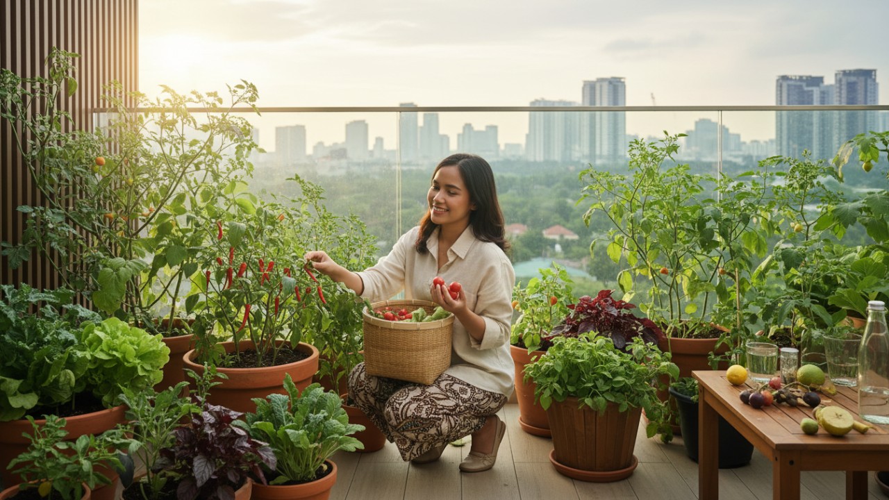 Tanaman Sayur dalam pot di balkon perkotaan