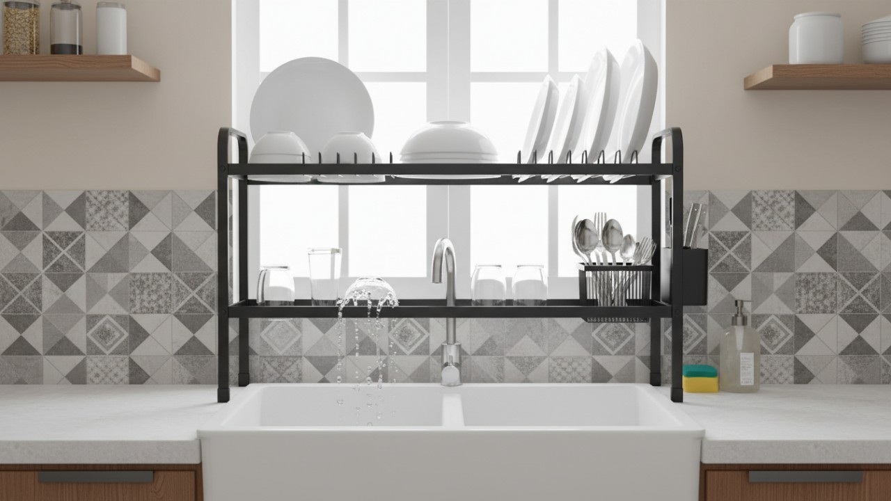 Rak piring di atas wastafel sebagai solusi dapur rapi.