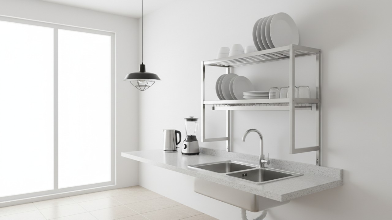Material stainless steel pada rak piring modern.  Integrasi rak piring dengan desain dapur minimalis.  Pemanfaatan ruang vertikal di dapur kecil..