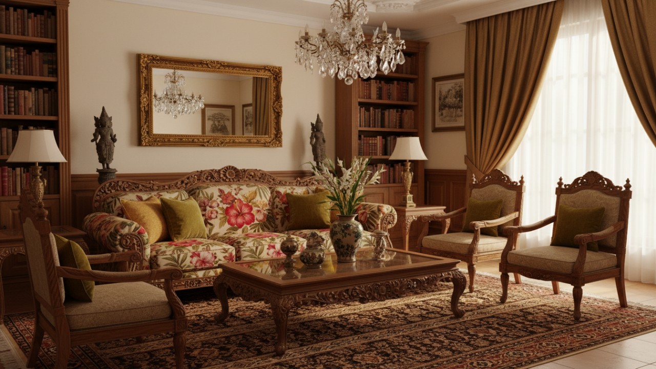 Ruang tamu dengan sofa floral dan elemen klasik.