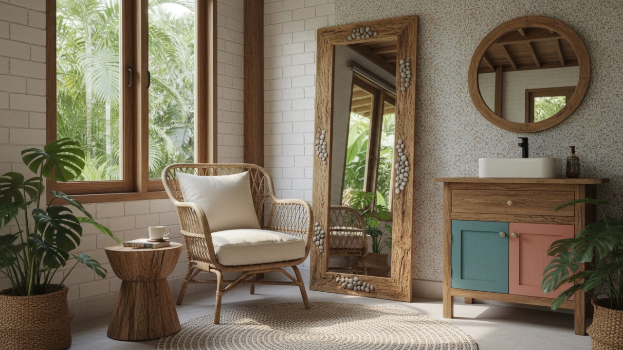Sudut rumah dengan kursi rotan dan cermin unik. dan Kamar mandi kecil dengan wallpaper dan kabinet warna-warni