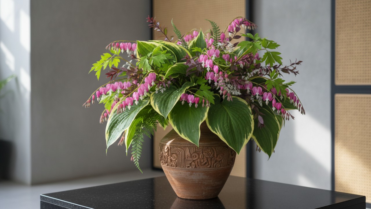 Hosta dan bleeding heart memperkaya karakter ruang.