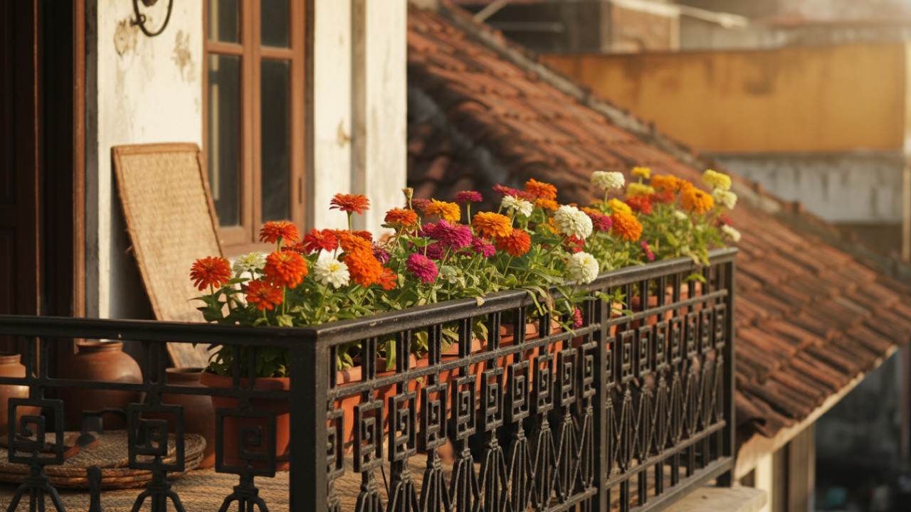 Zinnia cerah menghiasi balkon rumah.