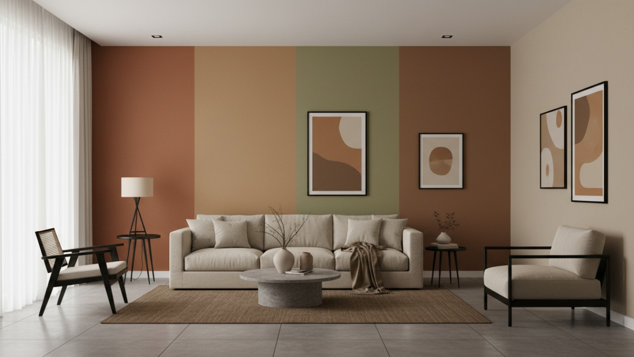 Palet warna cat dinding 2026 bernuansa bumi dan hangat yang memberi karakter kuat pada interior rumah modern.