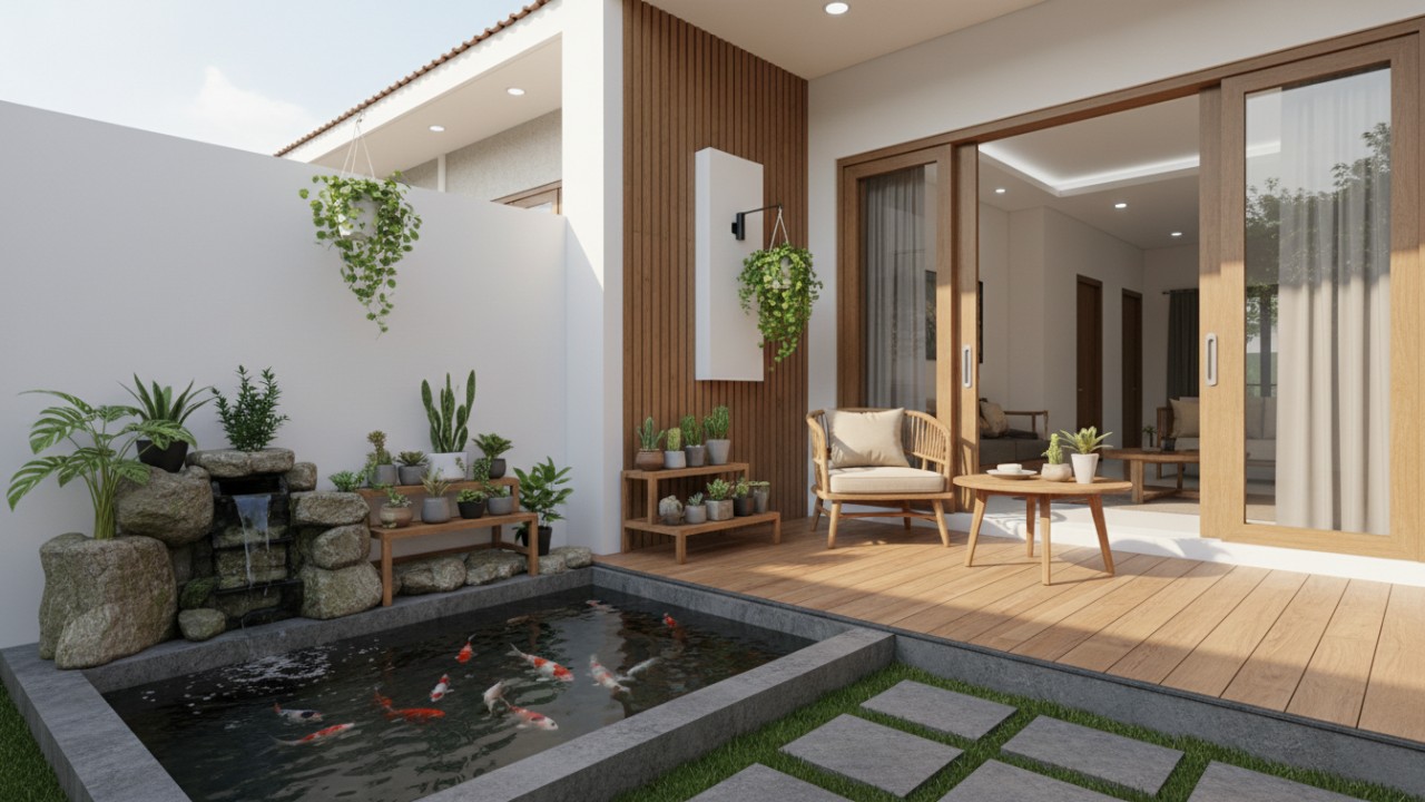 Teras rumah modern dengan kolam ikan sebagai pusat relaksasi visual.