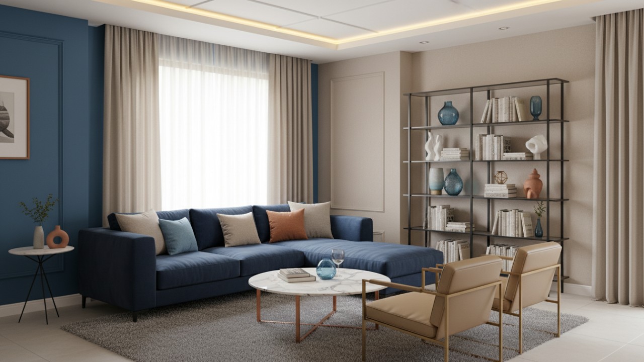 Interior modern dengan variasi biru dan netral hangat.