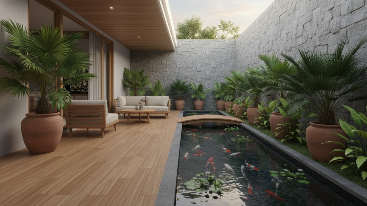 Model teras linear dengan kolam ikan memanjang dan pencahayaan alami.