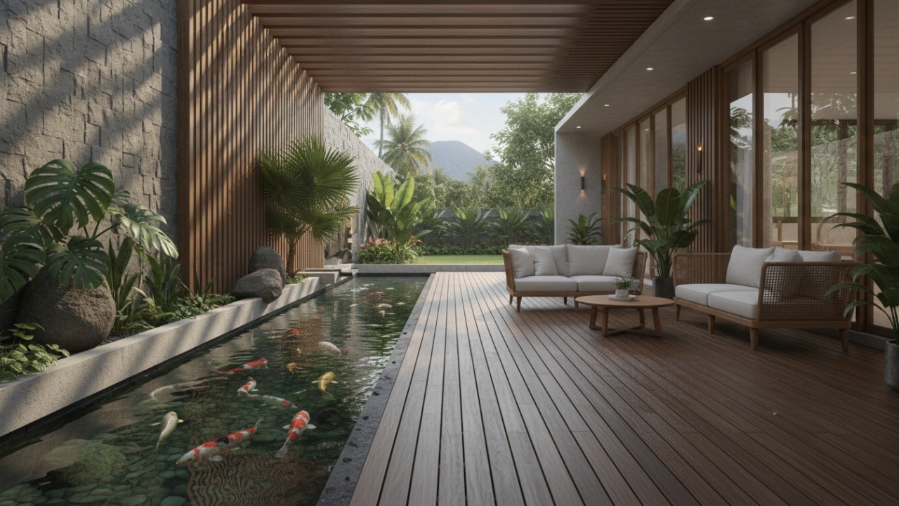 Teras samping rumah dengan kolam memanjang