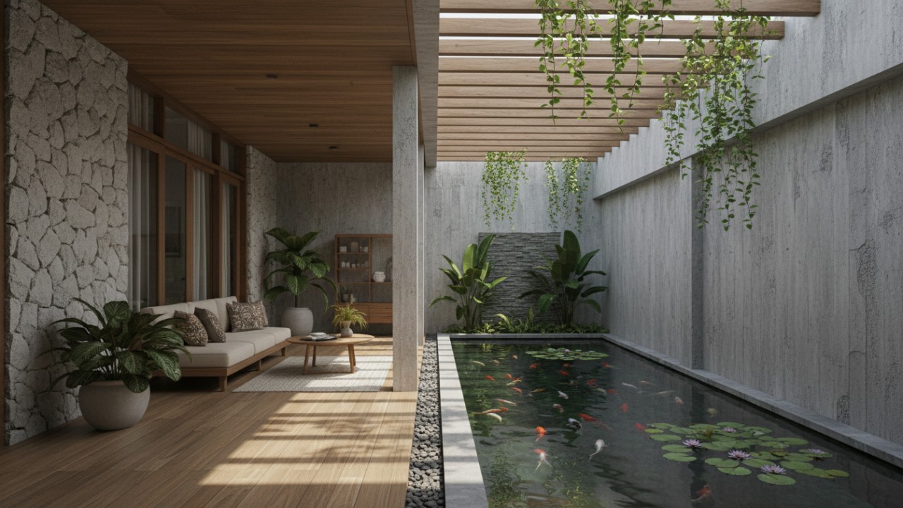 Teras semi-terbuka menggunakan material batu alam dan kayu tahan cuaca.