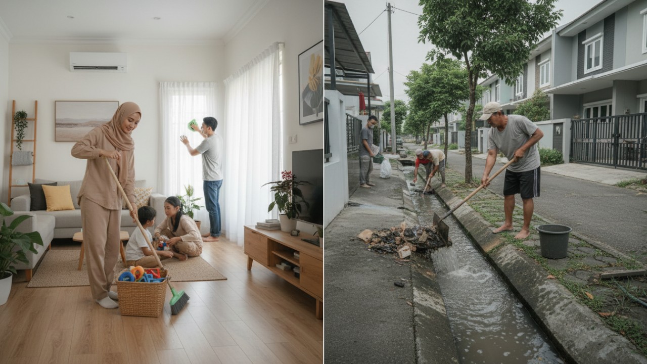 Aktivitas membersihkan rumah sebagai rutinitas harian dan embersihan selokan untuk mencegah genangan air.