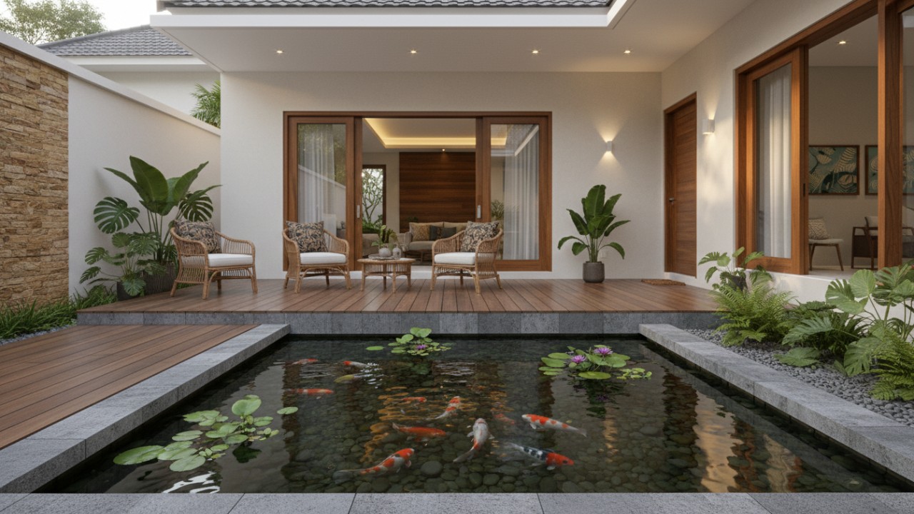 Kolam ikan dangkal menyatu dengan area duduk teras rumah.