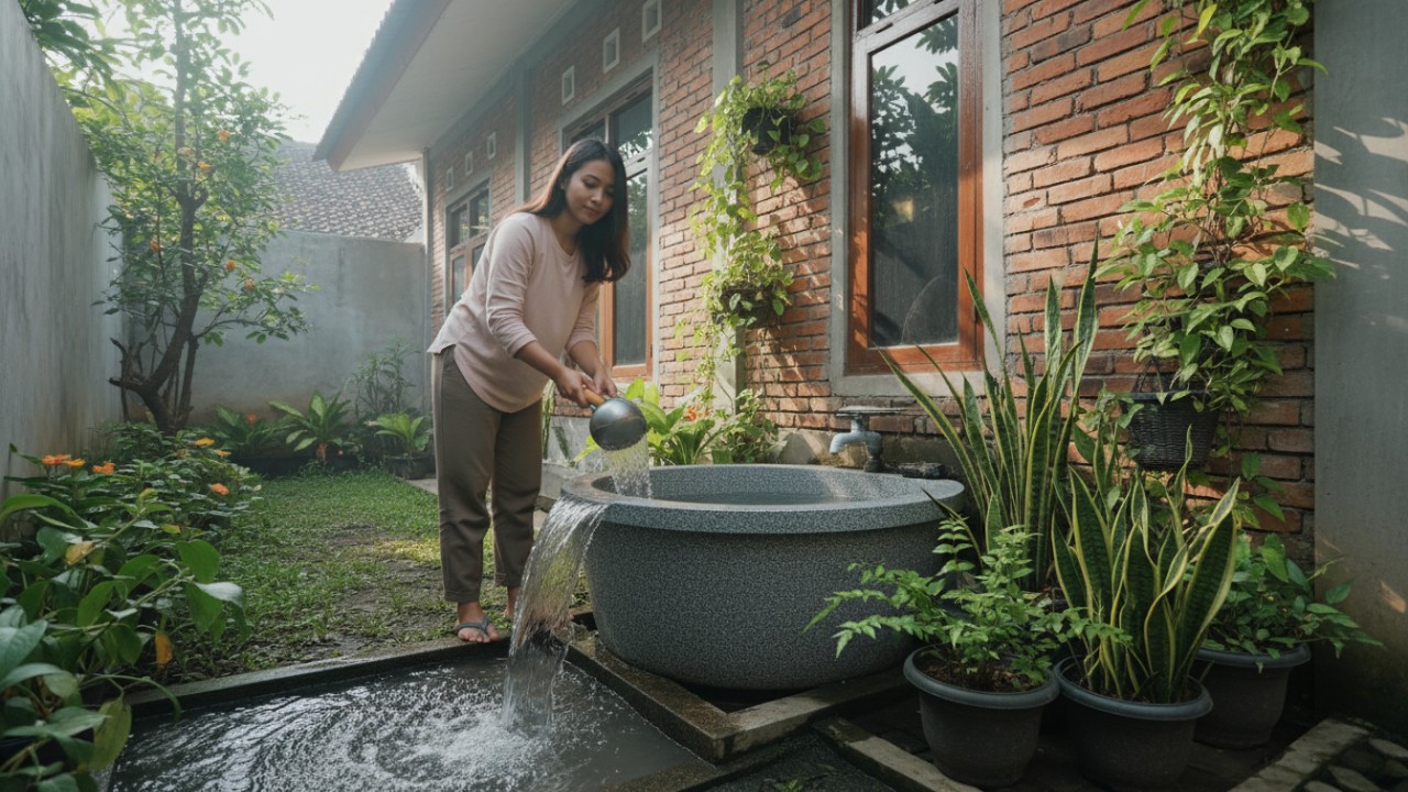 menguras bak mandi guna mencegah nyamuk dan Tanaman hijau memperindah menyehatkan lingkungan.