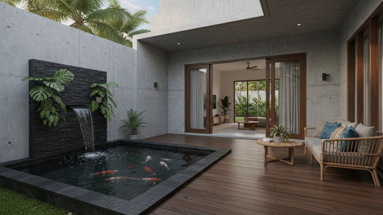 Teras rumah modern dengan kolam ikan sebagai pusat visual hunian 2026 yang menonjolkan kesejukan dan kenyamanan.