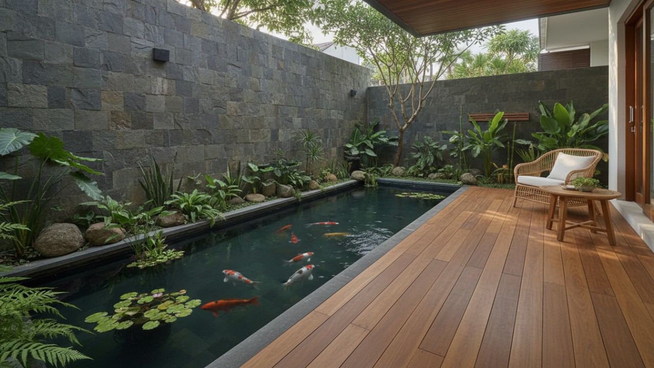Teras tropis modern dengan kolam ikan dan pencahayaan lembut