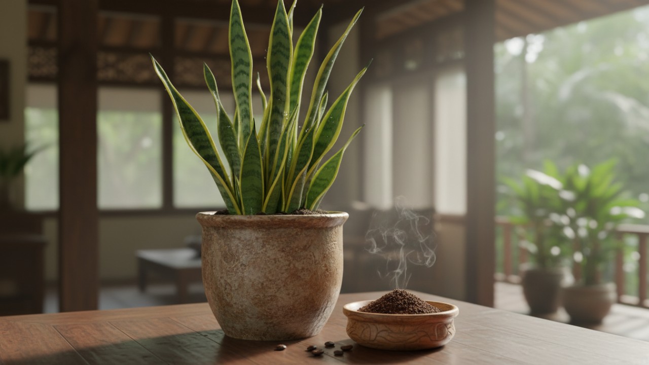 Tanaman lidah mertua sebagai penyerap udara lembap. Bubuk kopi digunakan untuk menetralisir bau ruangan.