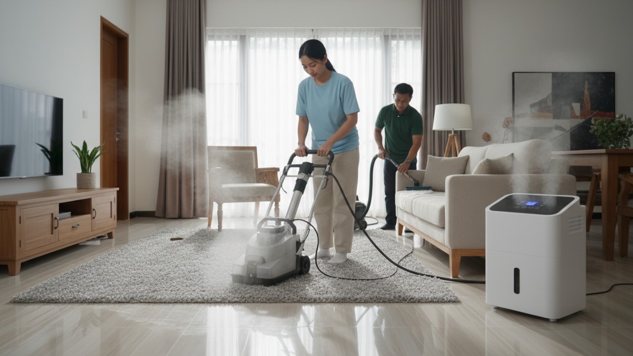 Proses membersihkan karpet dan perabot rumah. Penggunaan dehumidifier menjaga udara tetap kering.