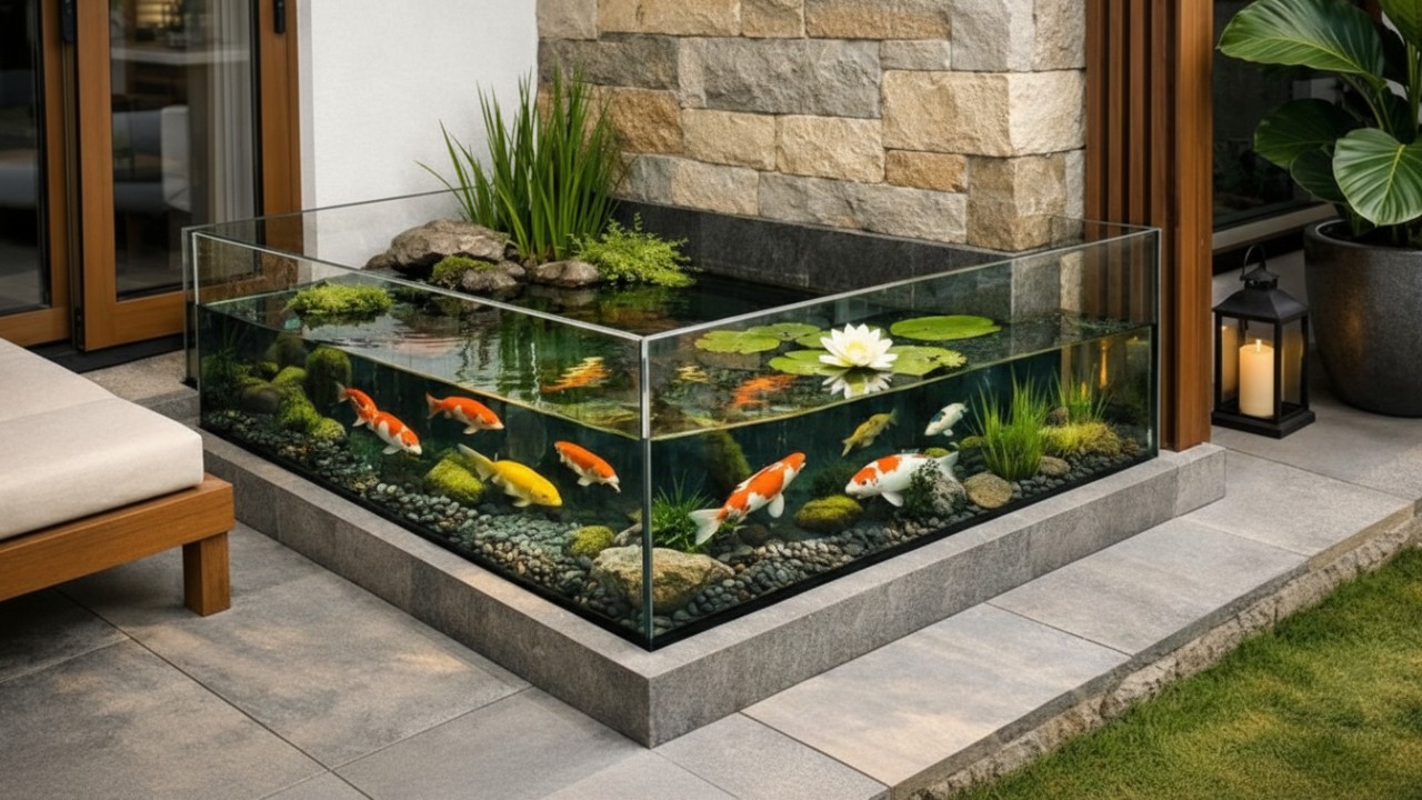 Desain kolam ikan kaca minimalis sudut menghadirkan titik fokus visual pada teras depan rumah.
