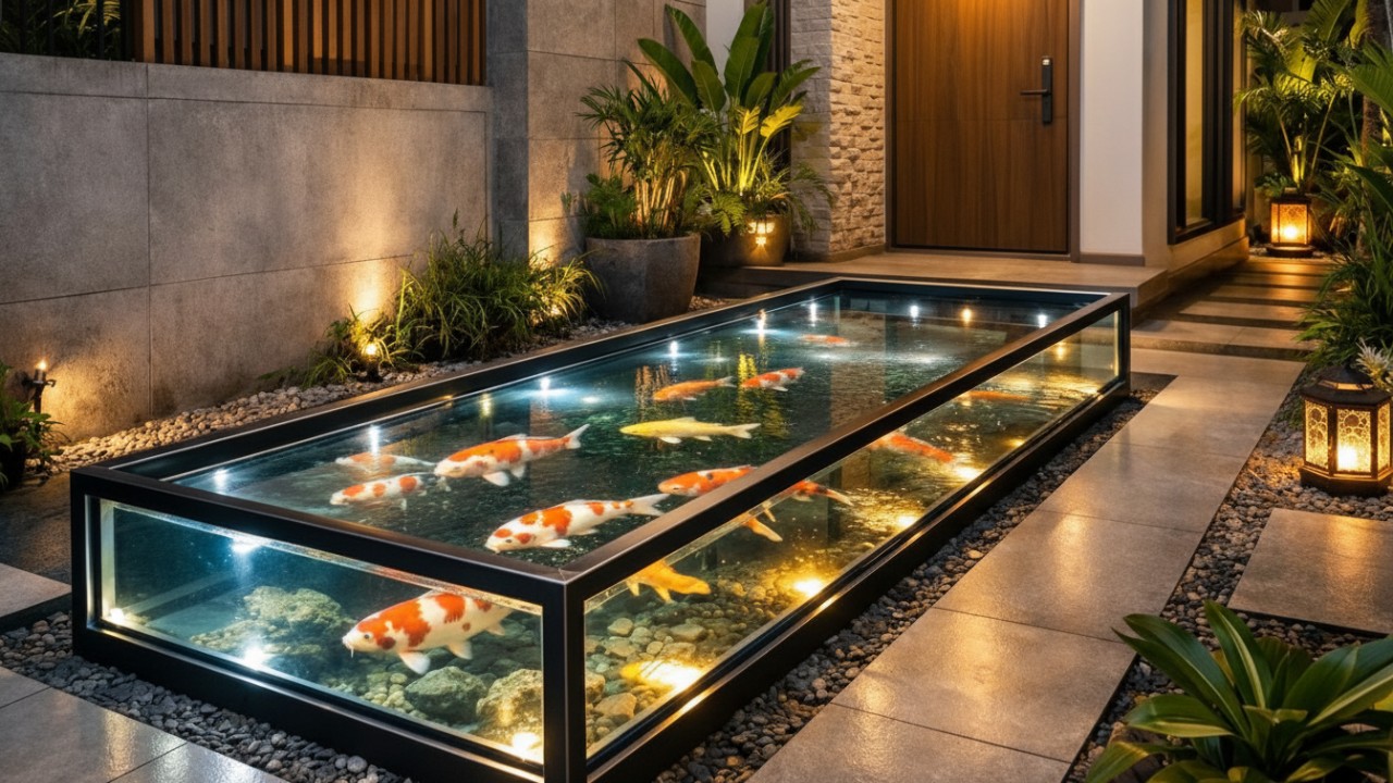 Kolam ikan kaca minimalis dengan bingkai baja tipis dan pencahayaan LED yang memperkuat karakter visual saat malam hari.
