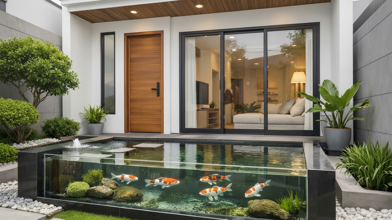 Kolam ikan kaca minimalis pada fasad rumah kecil dengan kesan modern dan bersih.