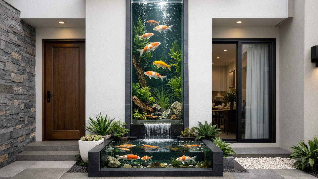 Desain kolam ikan kaca minimalis vertikal yang memanfaatkan tinggi dinding fasad rumah.