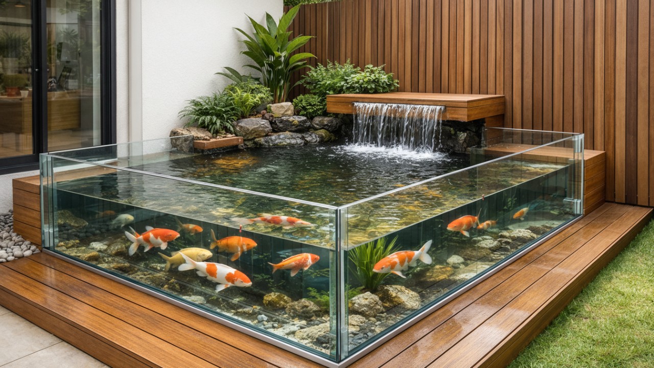 Kolam ikan kaca minimalis dengan perpaduan kaca transparan dan kayu tahan air.