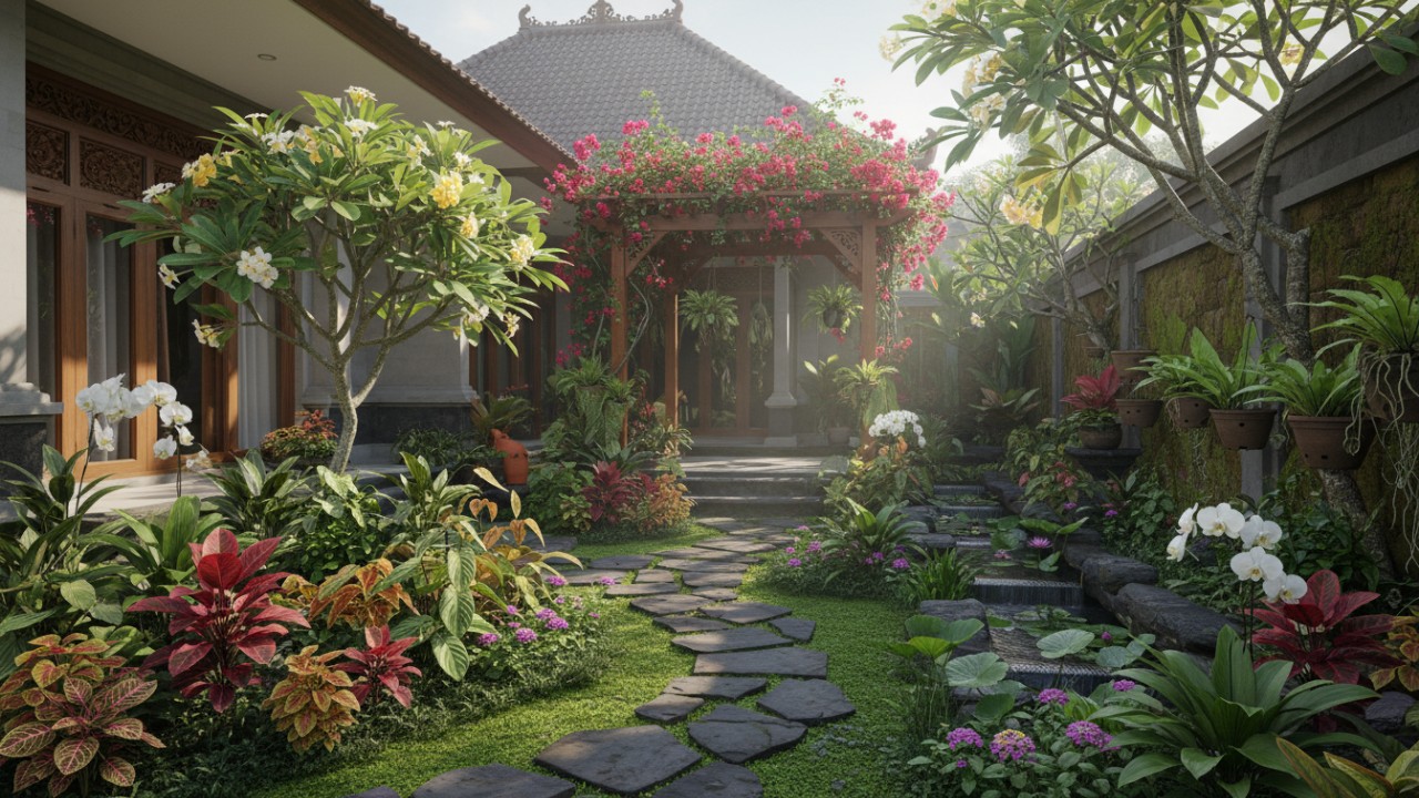 Ilustrasi kebun rumah dengan kombinasi bunga dan tanaman hias tropis yang seimbang.