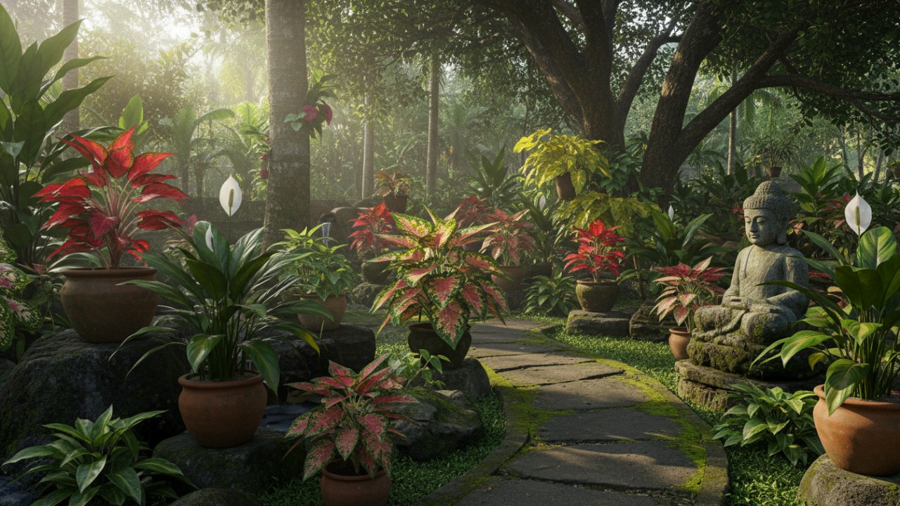 Peace lily dan aglaonema di area taman teduh rumah.