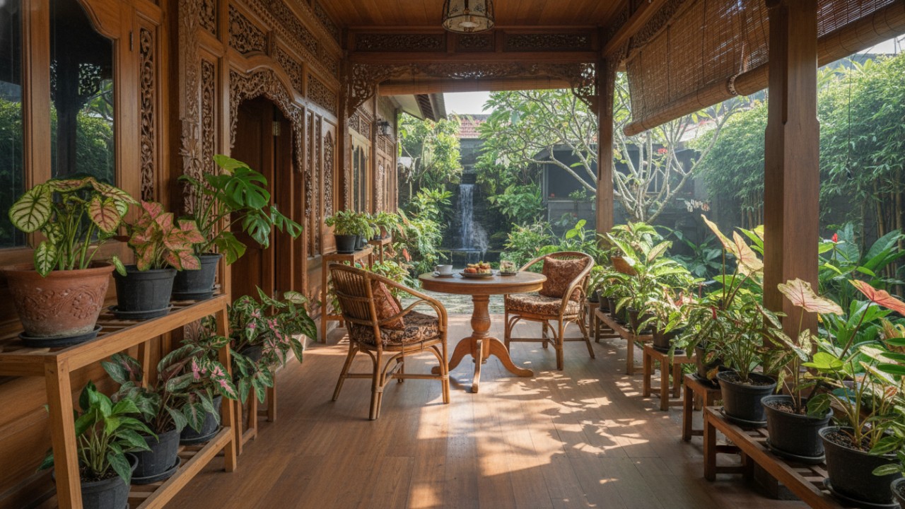 Kebun rumah bernuansa kayu dan tanaman hias yang hangat dan segar.