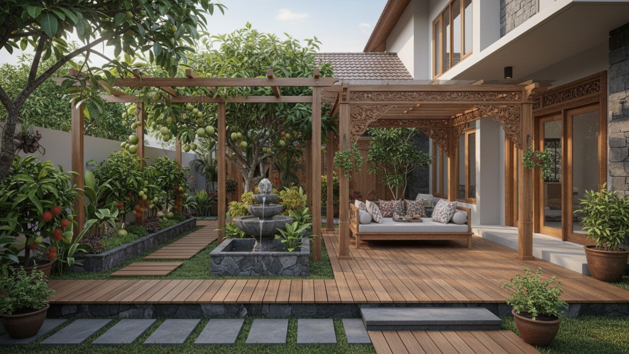 Ilustrasi kebun buah rumahan dengan planter dan struktur kayu alami.